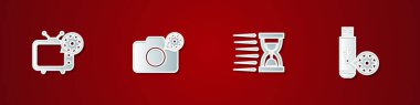 TV ayarları, fotoğraf makinesi, kum ve USB flash disk ikonlu eski kum saati. Vektör