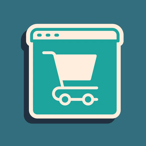 Green Online nakupování na obrazovce ikony izolované na zeleném pozadí. Koncepce e-commerce, e-business, on-line business marketing. Dlouhý stínový styl. Vektor — Stockový vektor