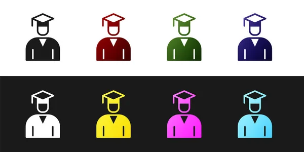 Set Icono de la gorra de graduación y graduación aislado sobre fondo blanco y negro. Vector — Vector de stock