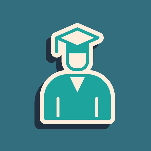 Green Graduate a maturitní čepice ikona izolované na zeleném pozadí. Dlouhý stínový styl. Vektor — Stockový vektor