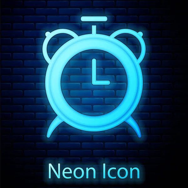 Zářící neonový budík ikona izolované na cihlové zdi pozadí. Vzbuď se, vzbuď se. Čas. Vektor — Stockový vektor