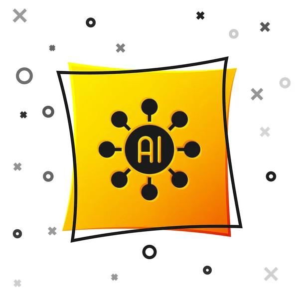 Icona della rete neurale nera isolata su sfondo bianco. Intelligenza artificiale AI. Pulsante quadrato giallo. Vettore — Vettoriale Stock