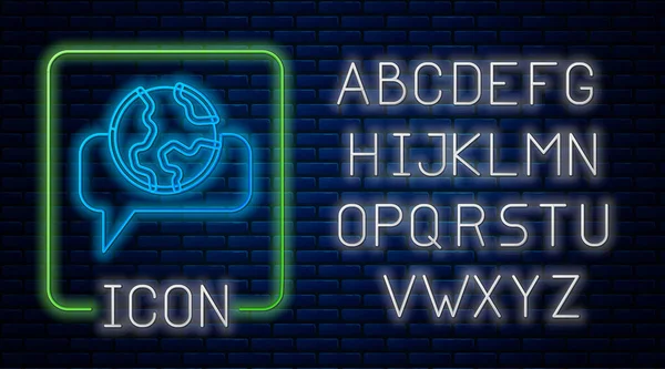 Glowing neon Belajar ikon bahasa asing terisolasi di dinding bata latar belakang. Terjemahan, penerjemah bahasa dan komunikasi. Alfabet cahaya neon. Vektor - Stok Vektor