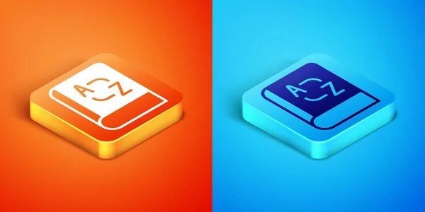 Isometric Translator book icon isolated on orange and blue background. Foreign language conversation icons in chat speech bubble. Translating concept. Vector — Stock Vector