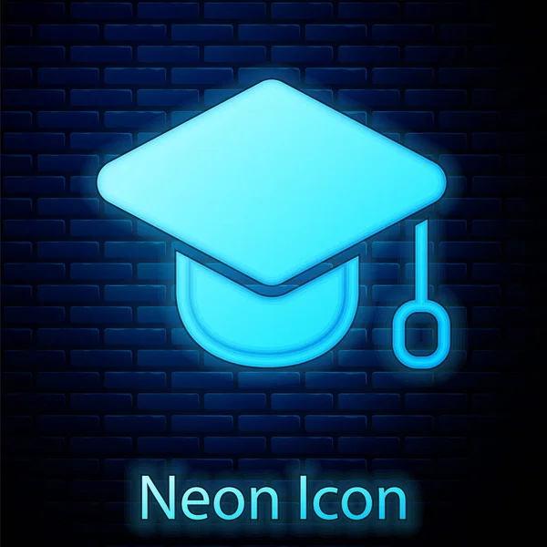 Ícone de boné de graduação neon brilhante isolado no fundo da parede de tijolo. Chapéu de graduação com ícone de borla. Vetor — Vetor de Stock
