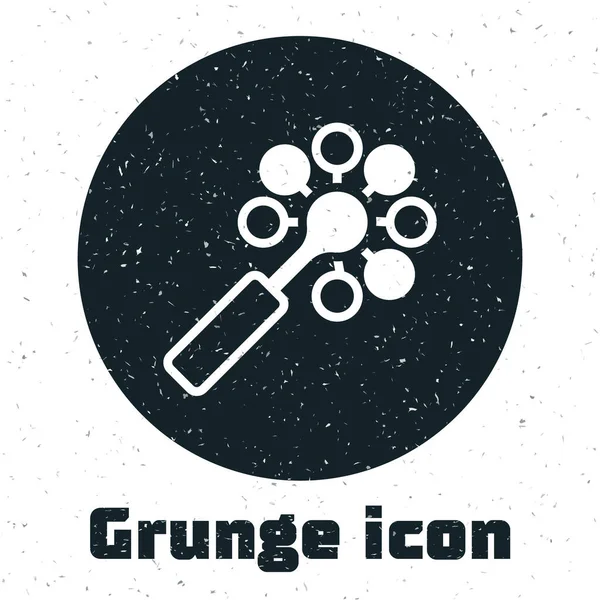 Grunge Rattle bebé juguete icono aislado sobre fondo blanco. Señal de bolsa de frijoles. Dibujo vintage monocromo. Vector — Vector de stock