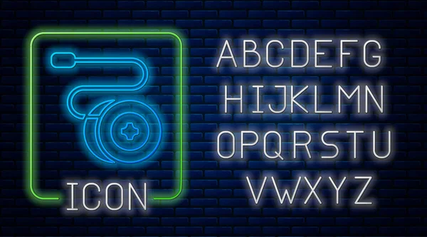 Glödande neon Yoyo leksak ikon isolerad på tegel vägg bakgrund. Neonljus alfabet. Vektor — Stock vektor