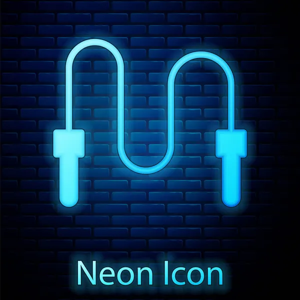 Gloeiende neon Jump touw pictogram geïsoleerd op baksteen muur achtergrond. Een springtouw. Sportuitrusting. Vector — Stockvector