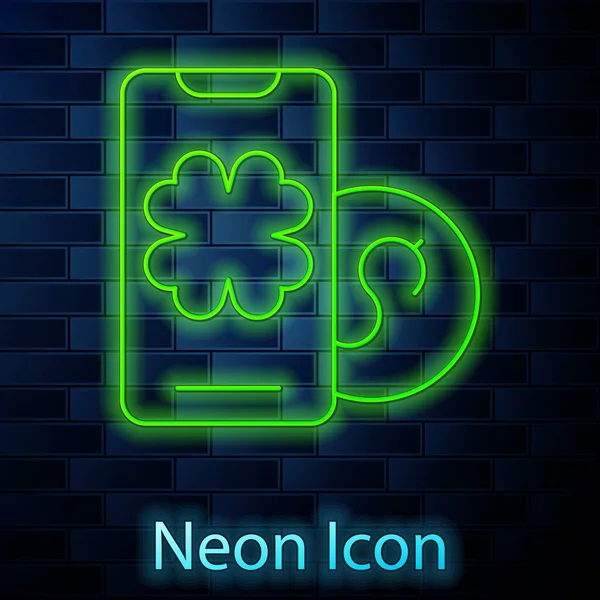 Gloeiende neon lijn Online poker tafel spel pictogram geïsoleerd op baksteen muur achtergrond. Online casino. Vector — Stockvector