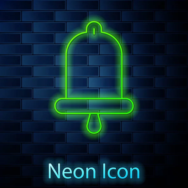 Gloeiende neon lijn Schip bel pictogram geïsoleerd op baksteen muur achtergrond. Vector — Stockvector