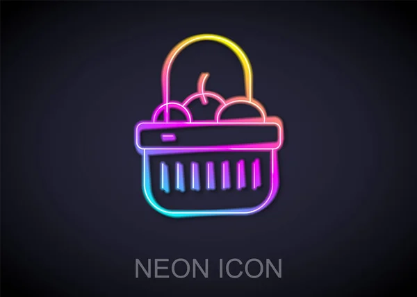 Glowing neon line Shopping basket and food icon isolated on black background. Food store, supermarket. Vector — Stock Vector