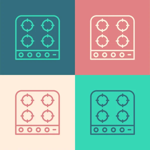 Pop art line Icono de estufa de gas aislado sobre fondo de color. Signo de cocina. Hob con cuatro quemadores de círculo. Vector — Vector de stock