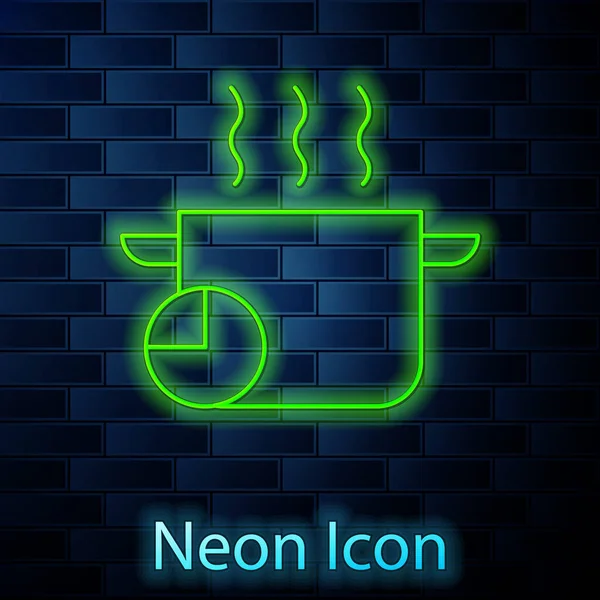 Glödande neon linje Matlagning pott och kök timer ikon isolerad på tegel vägg bakgrund. Koka eller gryta mat symbol. Vektor — Stock vektor