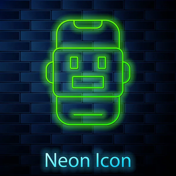 Brillante línea de neón Chat bot icono aislado en el fondo de la pared de ladrillo. Icono del chatbot. Vector — Vector de stock