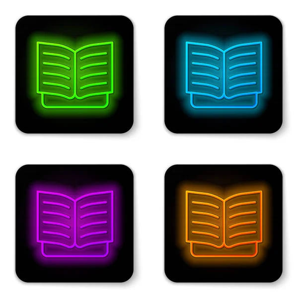 Ligne lumineuse néon Ouvrir l'icône du livre isolé sur fond blanc. Bouton carré noir. Vecteur — Image vectorielle