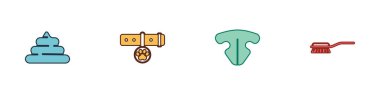 Set Shit, Collar with name tag, Cat nose and Hair brush for dog and cat icon. Vector