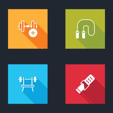 Dumbbell, Zıplama halatı, halterli Bench ve Protein spor ikonu. Vektör