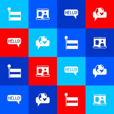 Bayrak Ayarla, Yabancı Dil çevrimiçi Çalışma, Merhaba farklı diller ve Yabancı Simge Öğrenme. Vektör