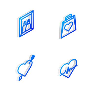 Isometric marka alışveriş poşetini kalp, resim çerçevesi, aşk ve ok ve kalp atış hızı ikonu ile ayarla. Vektör