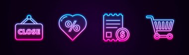 Satır asma tabelasını Kapalı, yüzde indirim etiketli kalp, kağıt çeki ve mali çek ve alışveriş arabası ile belirleyin. Parlayan neon ikonu. Vektör