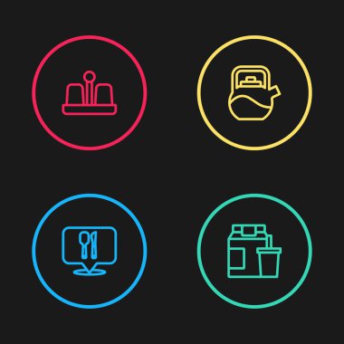 Cafe ve restoranın yerini belirle, online sipariş teslimatı, saplı kettle ve tuz biberi ikonu. Vektör