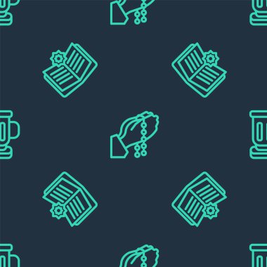 Sıraya dizilin, dua pozisyonu alın, Kuran 'ın kutsal kitabı ve ortaçağ kadehinde kusursuz desenler olsun. Vektör