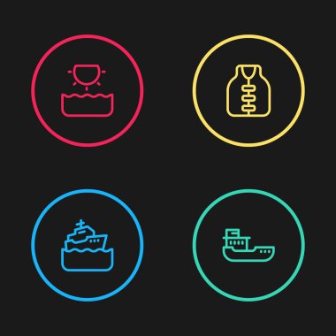 Gemi, kargo, can yeleği ve güneş ikonu ayarlayın. Vektör