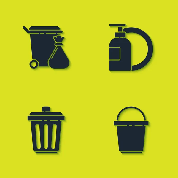Set Papelera y bolsa de basura, cubo y lavavajillas icono de la placa de la botella líquida. Vector — Archivo Imágenes Vectoriales