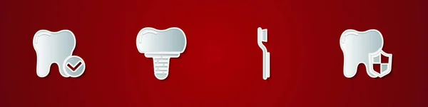 Set Concept de blanchiment des dents, implant dentaire, brosse à dents et icône de protection. Vecteur — Image vectorielle