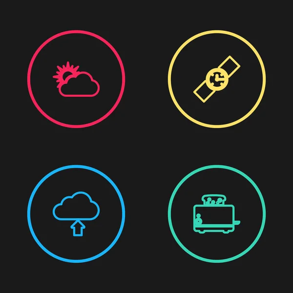 Set line Cloud Upload, Toaster mit Toasts, Armbanduhr und Sonne und Wolkenwetter-Symbol. Vektor — Stockvektor