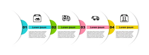 Establecer línea Buque de carga con cajas, camión de reparto y cronómetro, en movimiento y tráfico de cartón. Plantilla de infografía empresarial. Vector — Archivo Imágenes Vectoriales