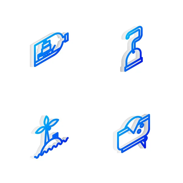 Set Isometric line Pirátský hák, Láhev s lodí uvnitř, Tropický ostrov oceán a klobouk ikona. Vektor — Stockový vektor