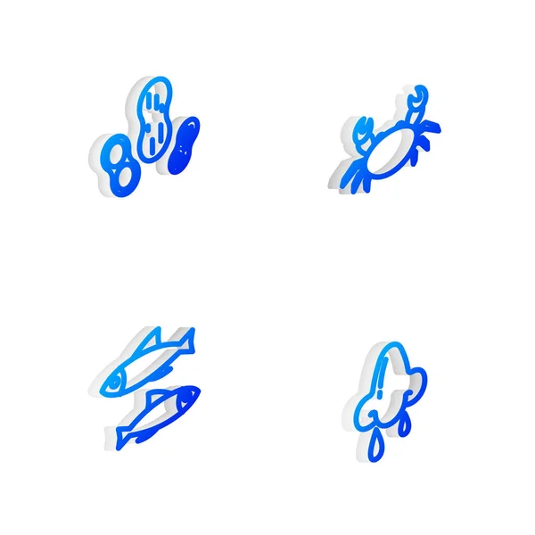 Ustaw isometryczną ikonę kraba, orzeszka ziemnego, ryby i cieknącego nosa. Wektor — Wektor stockowy