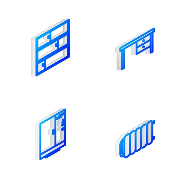Zestaw isometryczna linia Biuro biurko, półka, kabina prysznicowa i ikona grzejnika. Wektor — Wektor stockowy