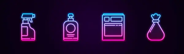 Set lijn Spray fles met wasmiddel vloeistof, handreiniger, keukenafwasmachine en vuilniszak. Een gloeiend neon icoon. Vector — Stockvector