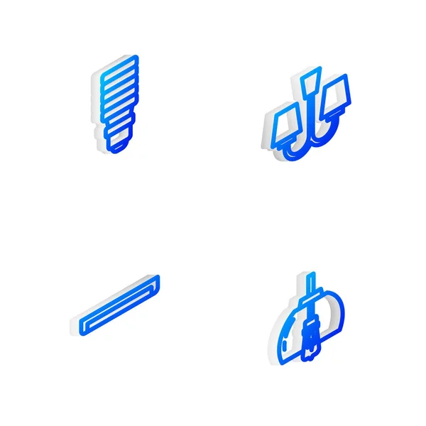 Nastavte Isometric line lustr, LED žárovku, zářivku a ikonu. Vektor — Stockový vektor