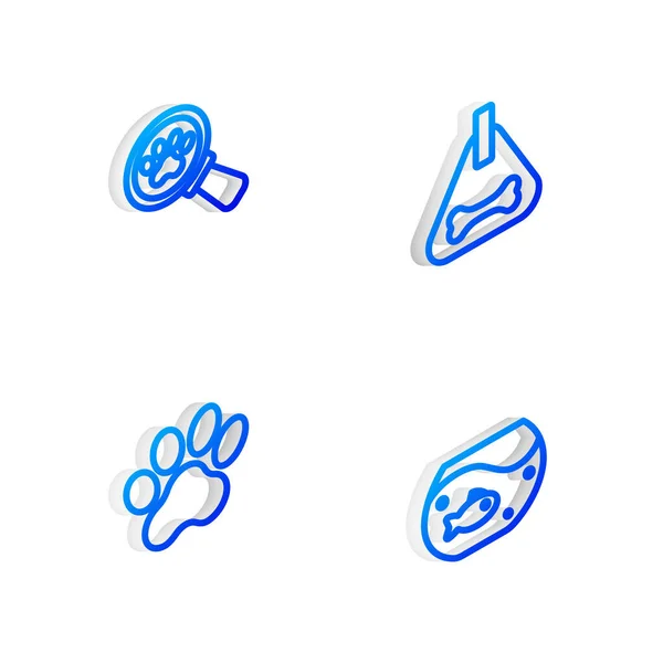 Set Línea isométrica Collar para perros, Clínica veterinaria, Estampado de patas y Acuario con icono de pescado. Vector — Vector de stock
