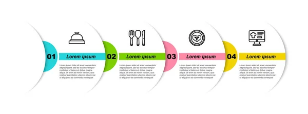 Ustaw linię Hotel service bell, Widelec, łyżka i nóż, Steak płyta mięsna i zamówienia online dostawy. Szablon infograficzny biznesu. Wektor — Wektor stockowy