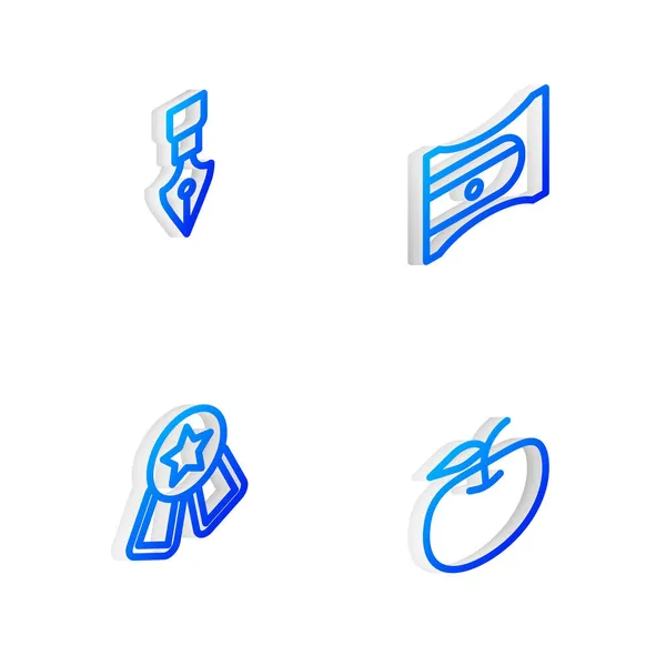 Set Isometric ligne taille-crayon, plume de fontaine, Médaille avec étoile et icône Apple. Vecteur — Image vectorielle