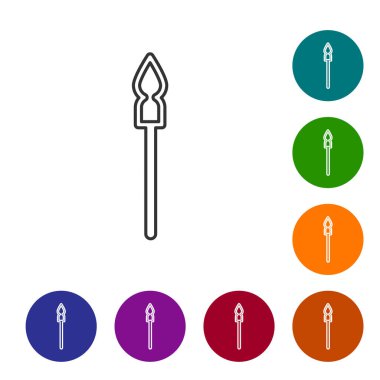 Siyah çizgi ortaçağ mızrak simgesi beyaz arkaplanda izole edilmiş. Ortaçağ silahı. Simgeleri renk daire düğmelerine ayarla. Vektör