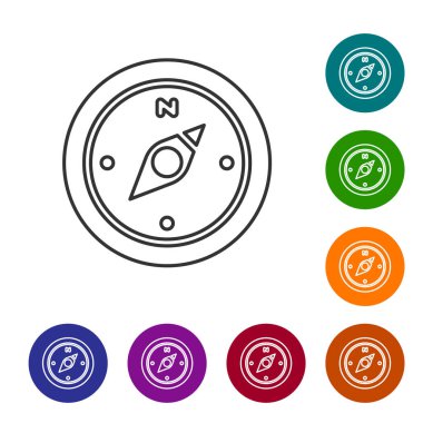 Siyah çizgi pusula simgesi beyaz arkaplanda izole edildi. Rüzgâr yön bulma sembolü. Rüzgar gül işareti. Simgeleri renk daire düğmelerine ayarla. Vektör