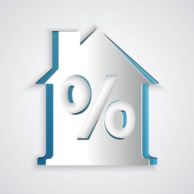 Gri arkaplanda özel indirimli etiket simgesi olan kağıt kesimi House. Emlak evi. Kredi yüzdesi sembolü. Kağıt sanatı tarzı. Vektör