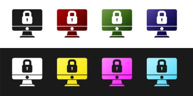 Bilgisayar monitöründeki kilidi siyah ve beyaz arkaplanda izole edilmiş olarak ayarla. Güvenlik, güvenlik, koruma kavramı. Güvenli bir ağ. Vektör