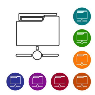 Beyaz arkaplanda siyah çizgi FTP dizin simgesi izole edildi. Yazılım güncellemesi, transfer protokolü, yönlendirici, takım çalışması aracı yönetimi, kopyalama süreci, bilgi. Simgeleri renk daire düğmelerine ayarla. Vektör