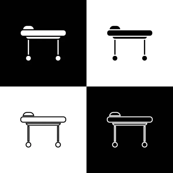 Sæt Stretcher ikon isoleret på sort og hvid baggrund. Patient hospital medicinsk båre. Illustration af vektor – Stock-vektor