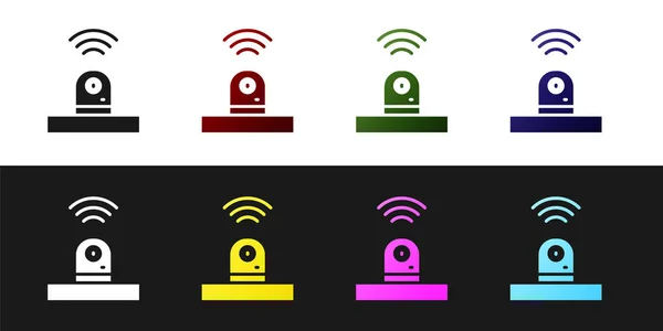 Setzen Sie Smart-Überwachungskamera-Symbol isoliert auf schwarz-weißem Hintergrund. Konzept Internet der Dinge mit drahtloser Verbindung. Vektor — Stockvektor