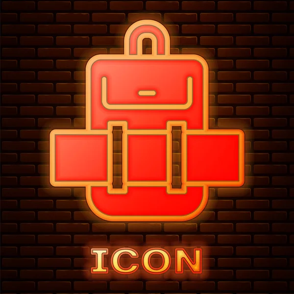 Glödande neon Vandring ryggsäck ikon isolerad på tegel vägg bakgrund. Camping och berg utforska ryggsäck. Vektor — Stock vektor