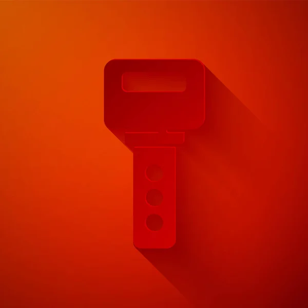 Paper cut House key icon isolated on red background. Paper art style. Vector — Stock Vector