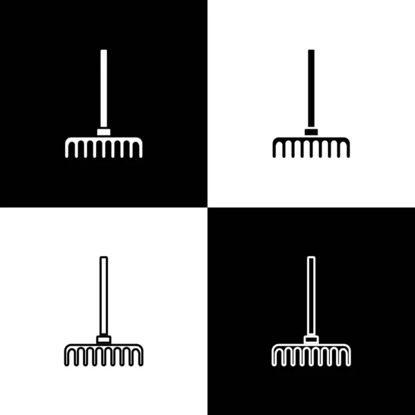 Set Garden Harke Symbol isoliert auf schwarzem und weißem Hintergrund. Werkzeug für Gartenbau, Landwirtschaft, Landwirtschaft. Bodenbearbeitung. Vektor — Stockvektor