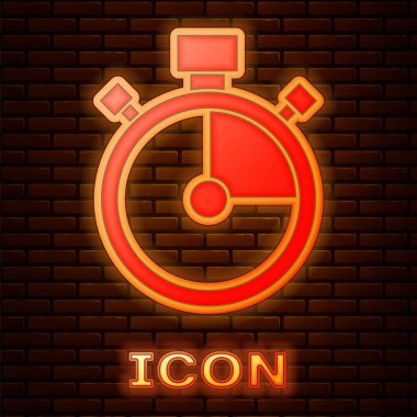 Parlayan neon saat simgesi tuğla duvar arka planında izole edildi. Zaman göstergesi. Kronometre işareti. Vektör
